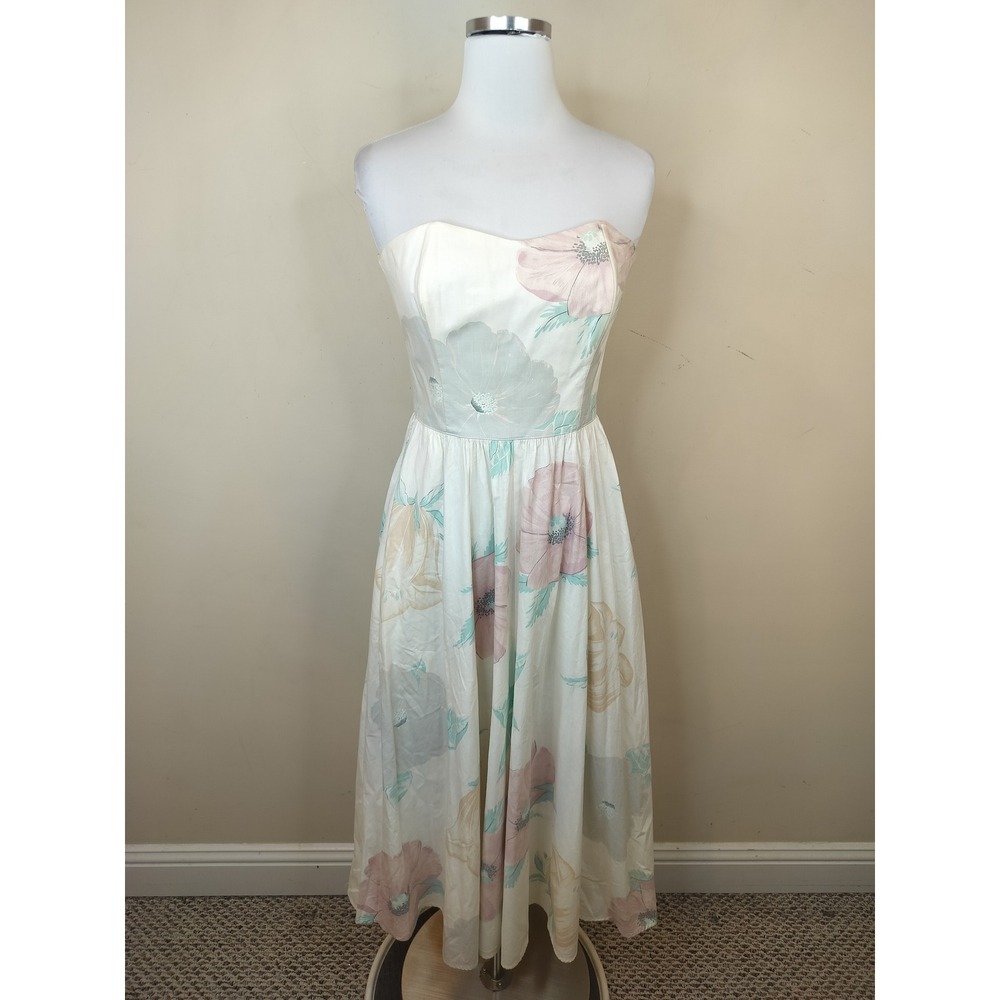 Vintage Carol Anderson Floral Strapless Midi Dress 9-10 Pastel Cotton Pockets